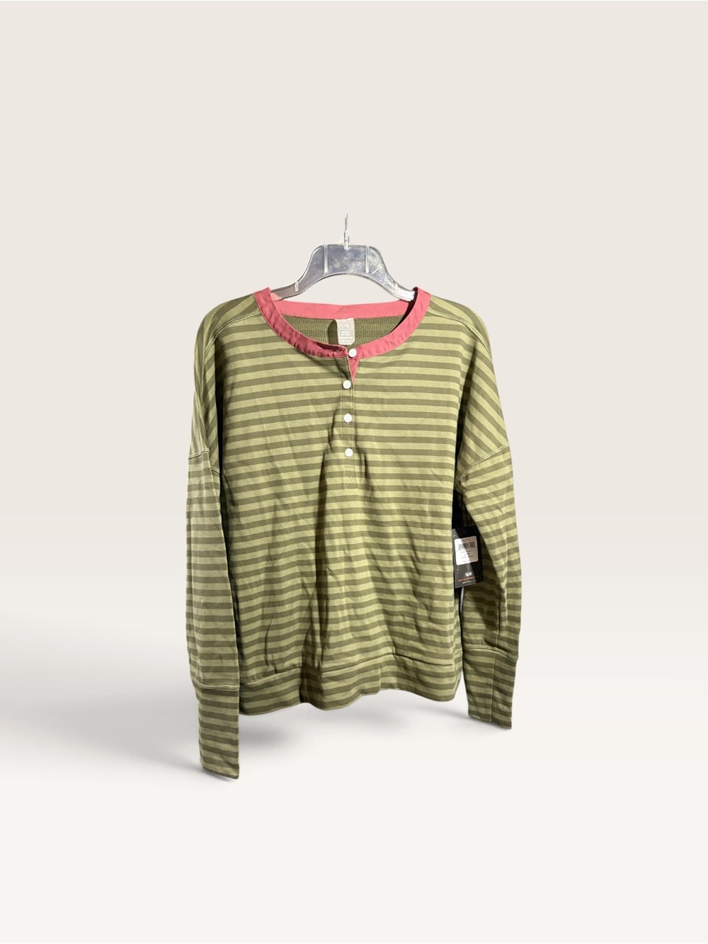 Mountain Hardwear Olive Green Striped Long-Sleeve Henley with Maroon Trim